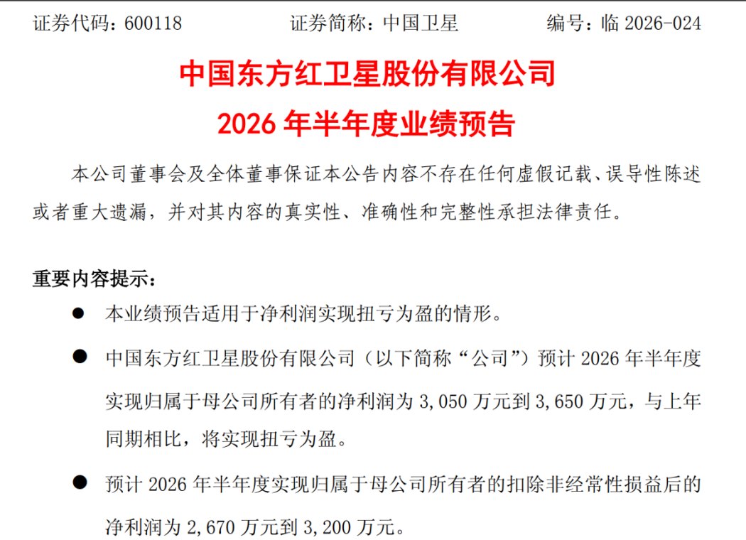 卫星龙头中国卫星，扭亏！